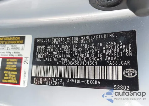2011 Toyota Camry from USA, damaged, VIN 4T1BB3EK5BU131561